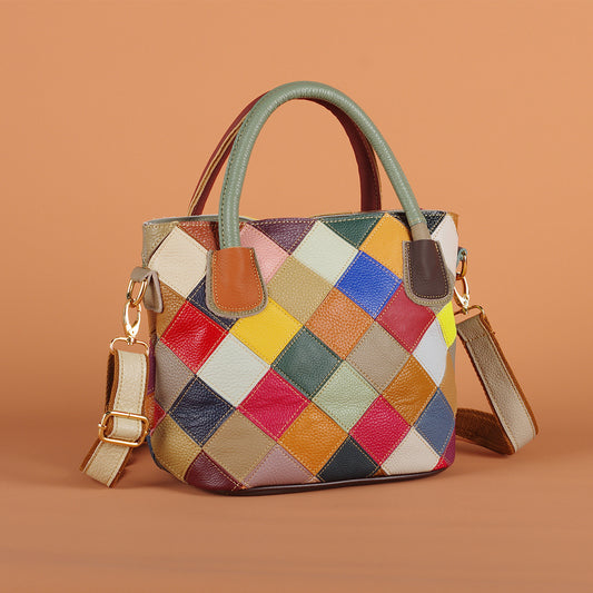 Genuine Leather Colorful Plaid Patchwork Handbag for Women, Ethnic Casual Shoulder Crossbody Top Handle Purse, Color Block Designer Bag for Ladies