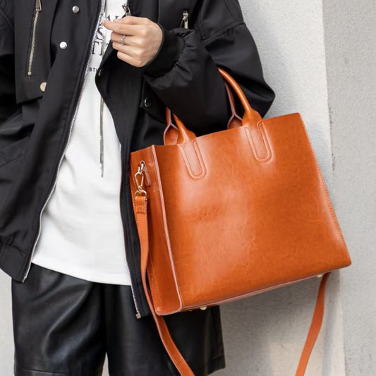 Genuine Waxed Cowhide Large Capacity Tote Bag for Women, Commute Top Handle Shoulder Crossbody Handbag, Premium Vintage High-End Purse for Ladies