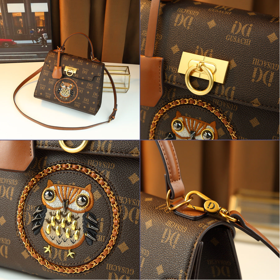 Vintage Owl Letter Print Mini Square Bag for Women Shoulder Handbag, European Fashion Versatile Purse with Unique Design