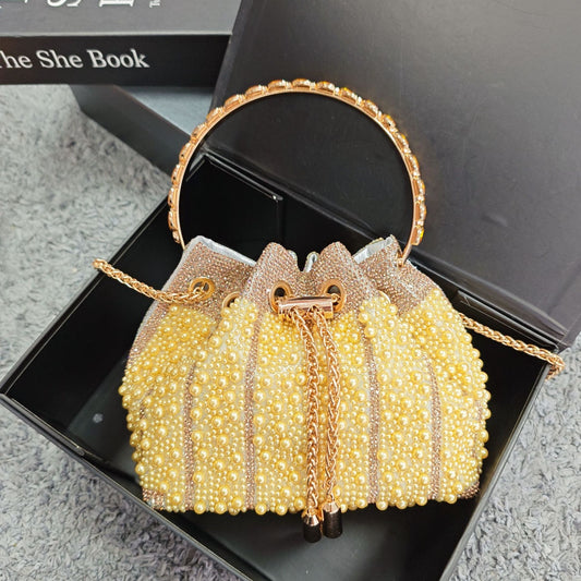 New Chinese Style Pearl Evening Bag, Rhinestone-Studded Drawstring Shoulder Crossbody Purse, Niche Light Luxury Handbag with Elegant Design