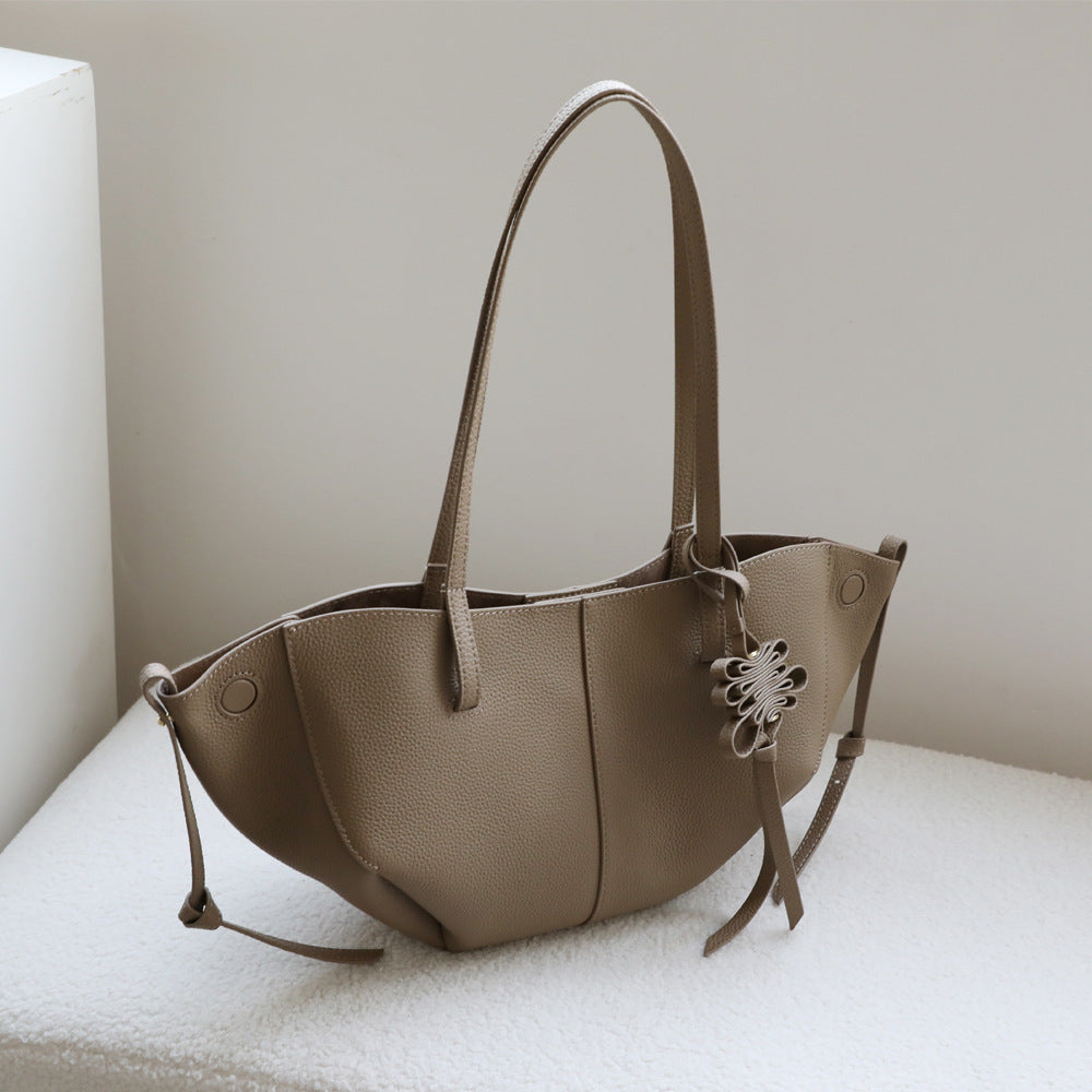 Top Layer Cowhide Pleated Wing Tote Bag for Women Commuter Shoulder Handbag, Premium Genuine Leather Purse with Elegant Draped Design
