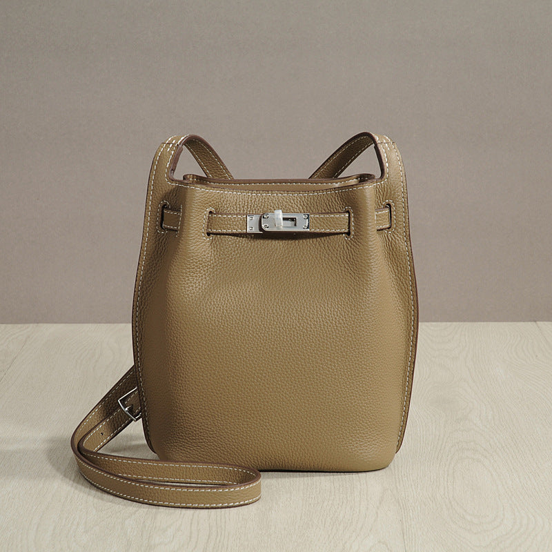 Genuine Top Layer Cowhide Kelly-Style Bucket Bag for Women, Casual Lock Buckle Crossbody Shoulder Purse, Versatile Everyday Handbag for Ladies