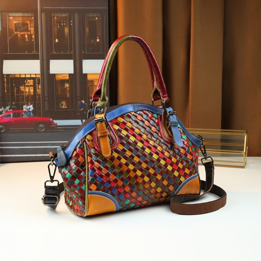 Woven Leather Shell Bag for Women Genuine Leather Large Capacity Top Handle Shoulder Crossbody Handbag, Versatile Everyday Purse with Artisan Weave Detail