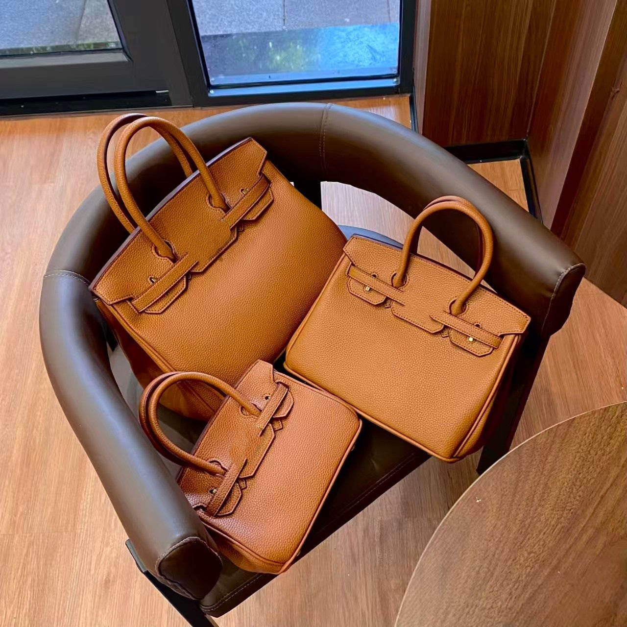Genuine Togo Top Layer Cowhide Birkin-Style Bag with Waxed Thread Stitching, Full Steel Hardware Lock Top Handle Handmade Purse, Premium Leather Bag for Ladies