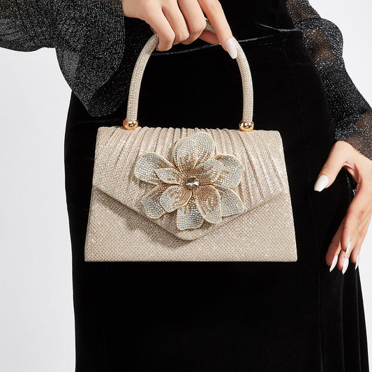 Luxury Rhinestone Pleated Evening Clutch for Women, Sparkly Bow-Top Handle Bag with Detachable Chain, Elegant Formal Party Purse for Ladies