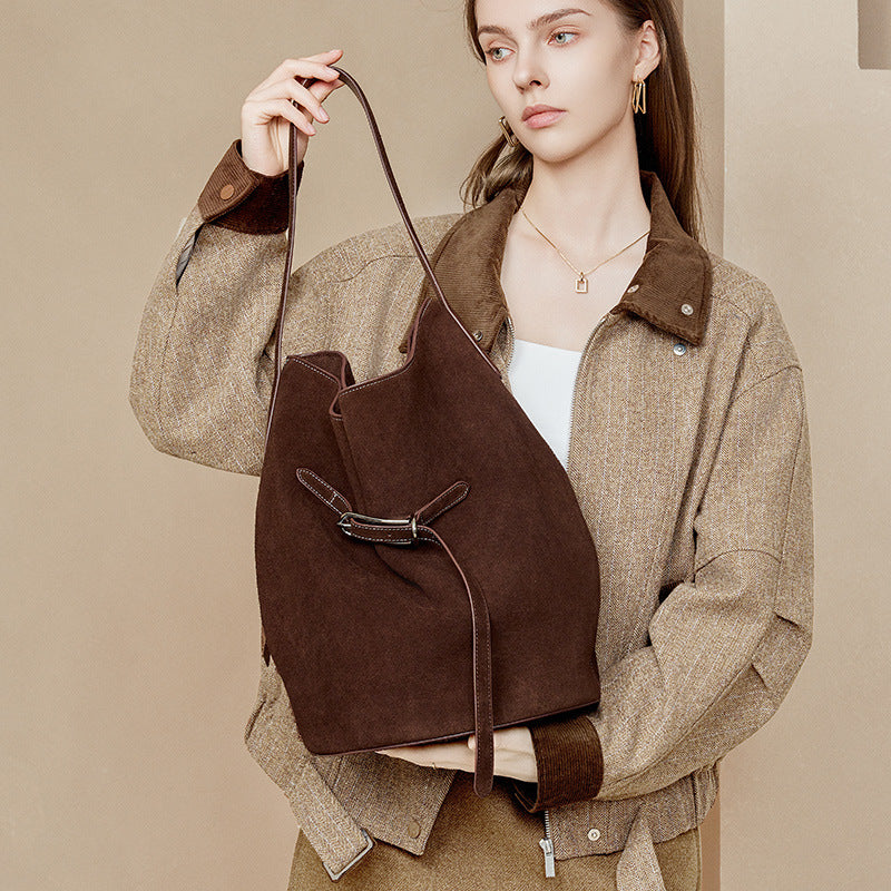 Genuine Top Layer Cowhide Bucket Tote Bag for Women, Korean Style Niche Fashionable Large Capacity Shoulder Top Handle Purse, Premium Handbag for Ladies