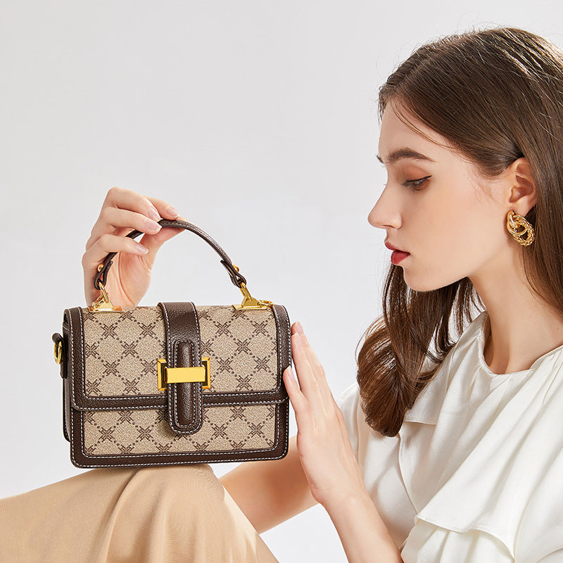 Genuine Leather Small Square Bag for Women, New Fashionable Printed Shoulder Crossbody Purse, Versatile Top Handle Handbag for Ladies
