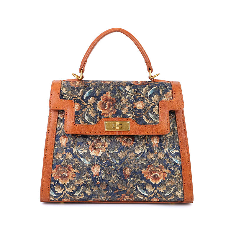Genuine Leather Floral Embroidered Kelly-Style Bag for Women, Vintage Patchwork Top Handle Shoulder Crossbody Purse, Elegant Commute Handbag for Ladies