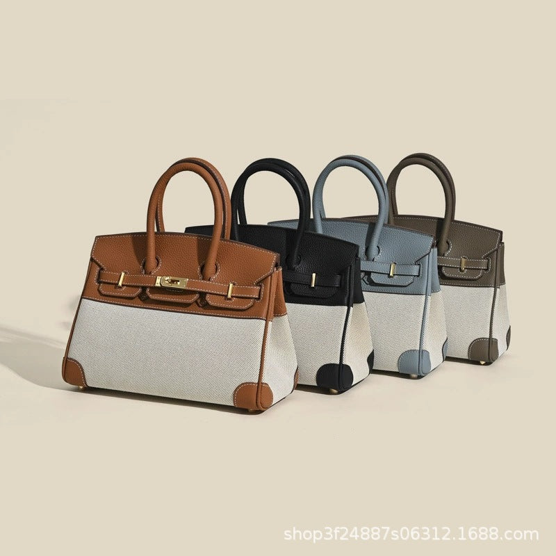 Chic Minimalist Canvas & Leather Birkin-Inspired Tote Bag for Women, Casual Bucket Handbag with Spliced Design, Versatile Top-Handle Shoulder Purse for Everyday Style