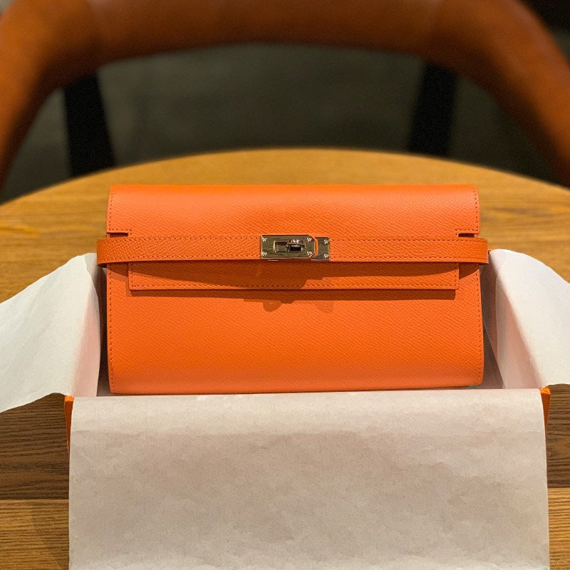 Genuine Togo Leather Long Wallet Clutch for Women, Hermès-Inspired Kelly-Style Money Holder, Premium Epsom Leather Phone Bag for Ladies