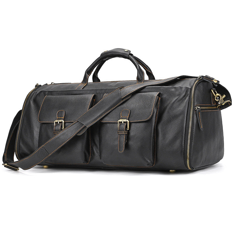 Multifunctional Crazy Horse Leather Travel Duffle, Foldable Suit Garment Bag with Wet-Dry Separation, Premium Gym Weekender for Men