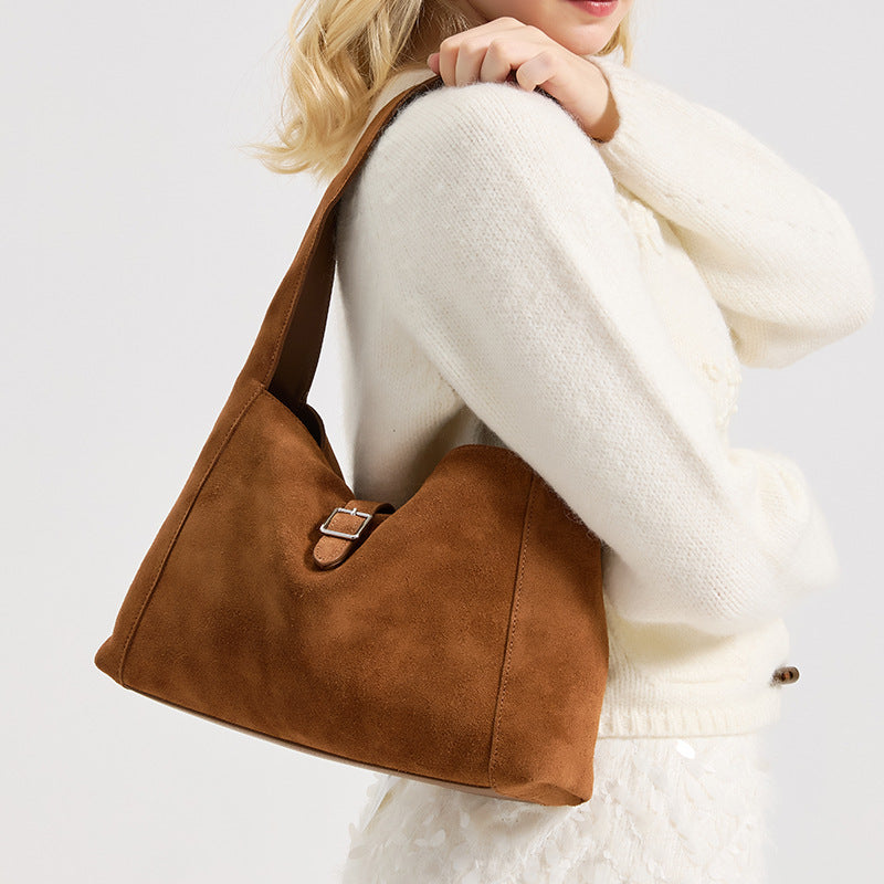 Genuine Suede Leather Underarm Tote Bag for Women Vintage Shoulder Handbag, Premium Textured Purse with Timeless Elegance