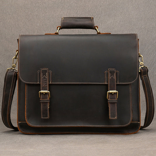 Genuine Top Layer Crazy Horse Cowhide Business Briefcase for Men, Vintage Laptop Commute Shoulder Bag, Premium Leather Work Bag for Gentlemen