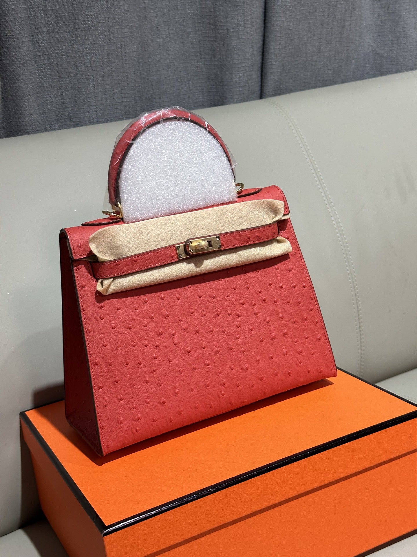 Genuine Top Layer Cowhide Ostrich-Embossed Kelly-Style 25 Bag for Women, Small Square Crossbody Top Handle Purse, Large Capacity Handbag for Ladies