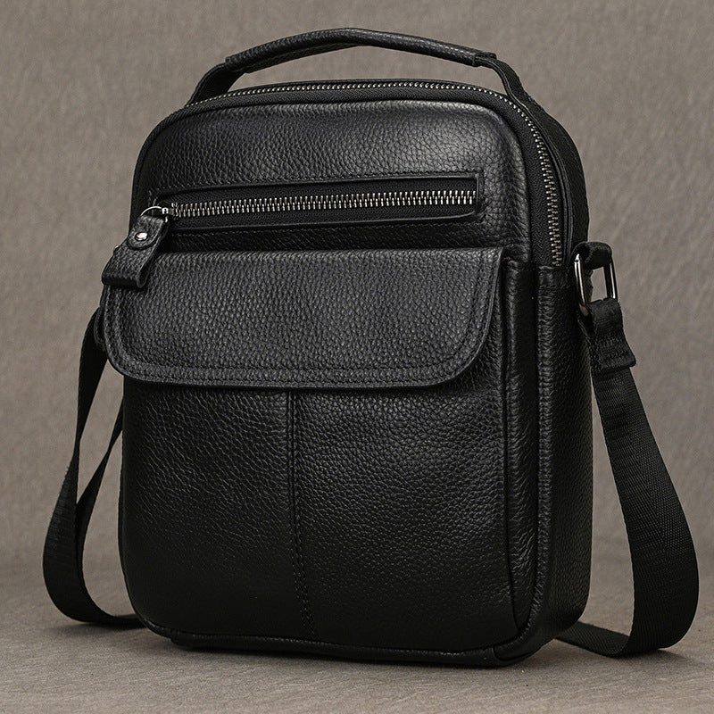 Genuine Black Cowhide Shoulder Crossbody Bag for Men, Fashionable Top Handle Pouch, iPad Tablet Casual Bag for Summer Fall for Gentlemen
