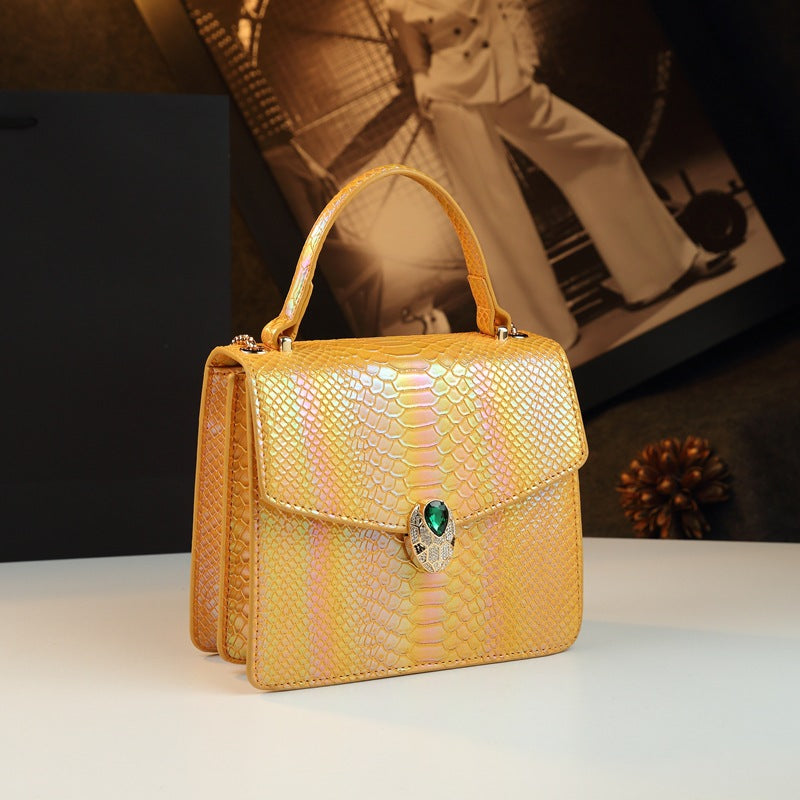 Genuine Leather Ostrich-Embossed Snake Head Mini Bag for Women, Light Luxury Accordion Chain Shoulder Crossbody Purse, Elegant Small Square Bestseller for Ladies