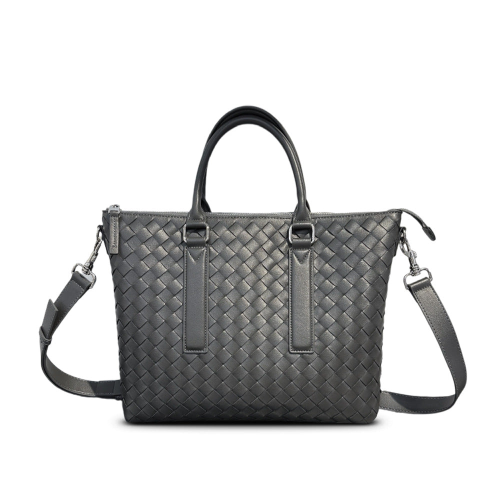 Genuine Leather Woven Large Tote Briefcase, Business Commuter Handbag, Unisex Shoulder & Crossbody Bag
