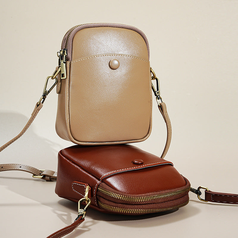 New Top Layer Cowhide Mini Phone Bag, Versatile Shoulder Crossbody Purse, Fashionable Genuine Leather Handbag for Women