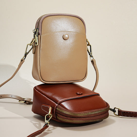 New Top Layer Cowhide Mini Phone Bag, Versatile Shoulder Crossbody Purse, Fashionable Genuine Leather Handbag for Women