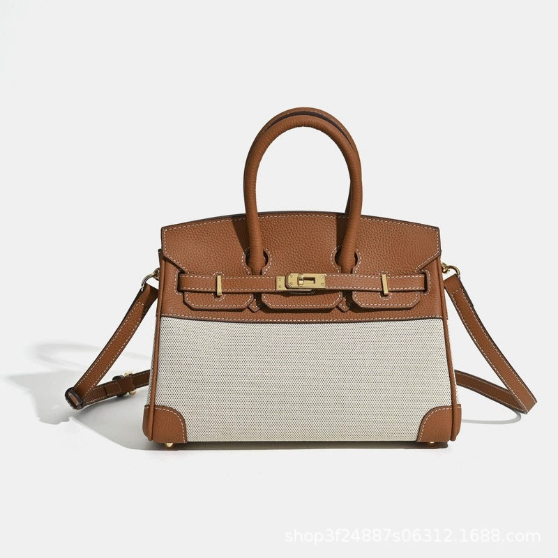 Chic Minimalist Canvas & Leather Birkin-Inspired Tote Bag for Women, Casual Bucket Handbag with Spliced Design, Versatile Top-Handle Shoulder Purse for Everyday Style