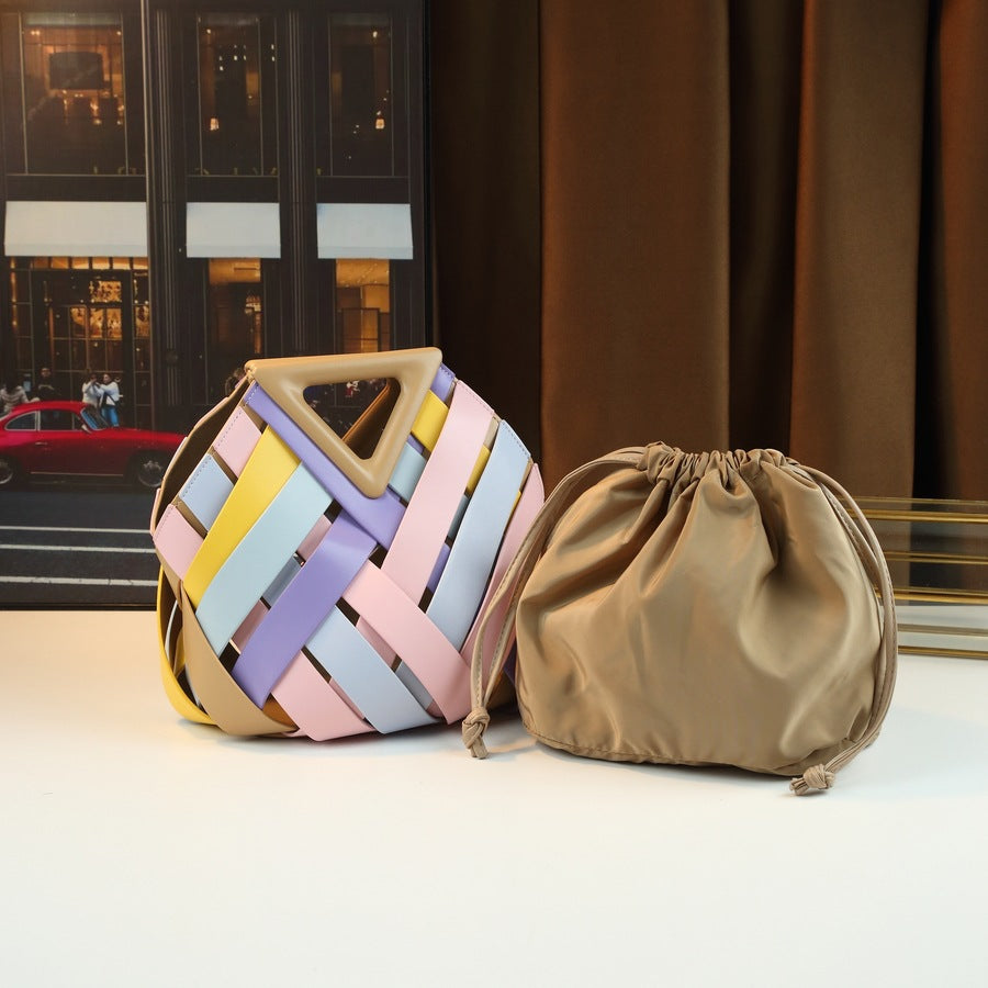 Woven Hollow Basket Bucket Bag for Women Genuine Leather Shoulder Crossbody Handbag, Fashionable Purse with Natural Artisan Texture