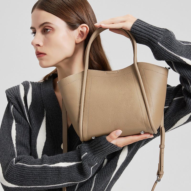 Top Layer Cowhide Basket Bucket Tote Bag for Women Large Capacity Casual Shoulder Handbag, Bestselling Purse with Trendy Elegant Design