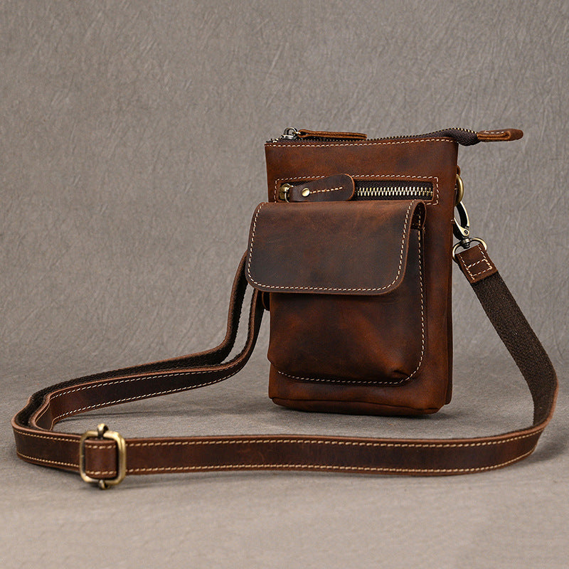 Crazy Horse Leather Mini Waist Belt Phone Bag, Top Layer Cowhide Crossbody Shoulder Pouch, Casual Travel Pack for Men