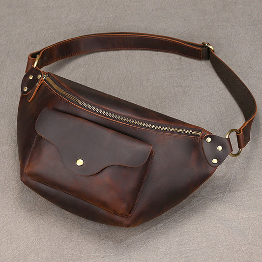New Vintage Crazy Horse Leather Large Capacity Waist Bag, Multifunctional Crossbody Chest Pouch, Outdoor Travel Pack for Men