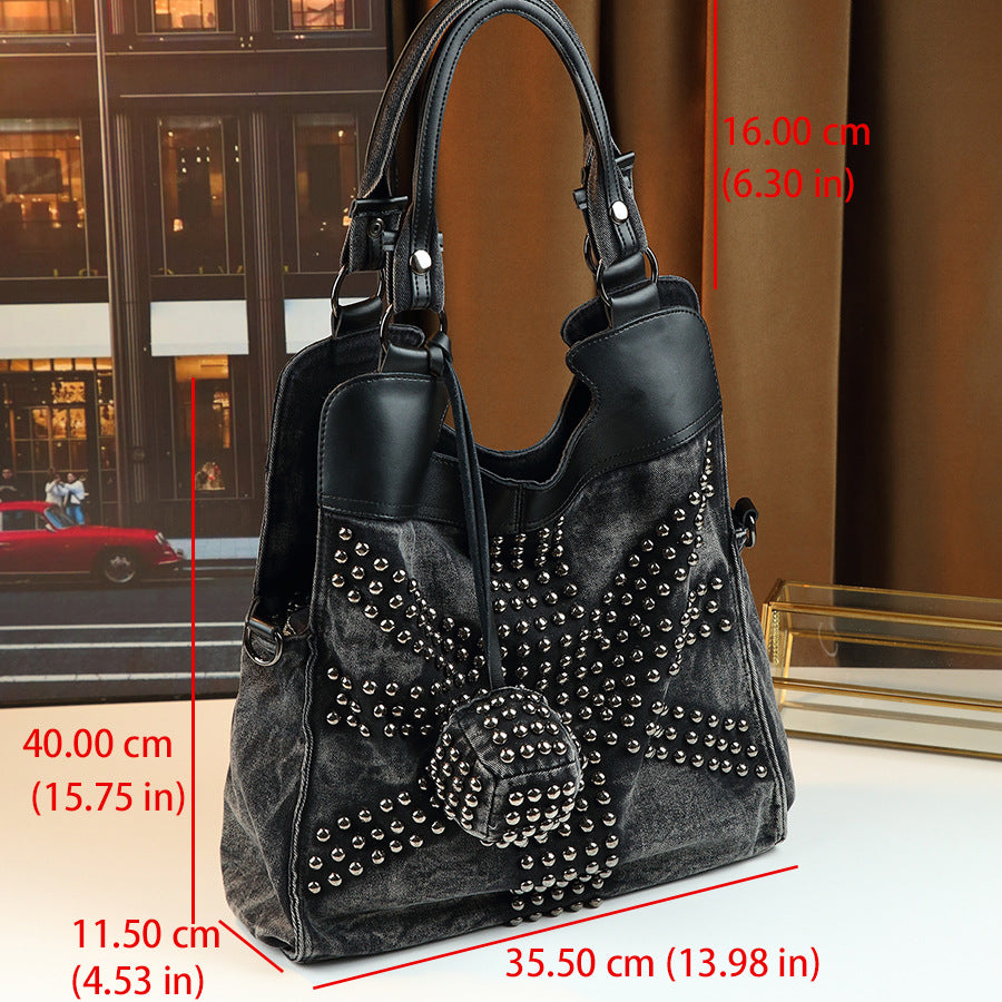 Handmade Beaded Denim Bucket Tote for Women Large Capacity Shoulder Crossbody Purse, Punk Style Handbag with Trendy Hardware Embellishments