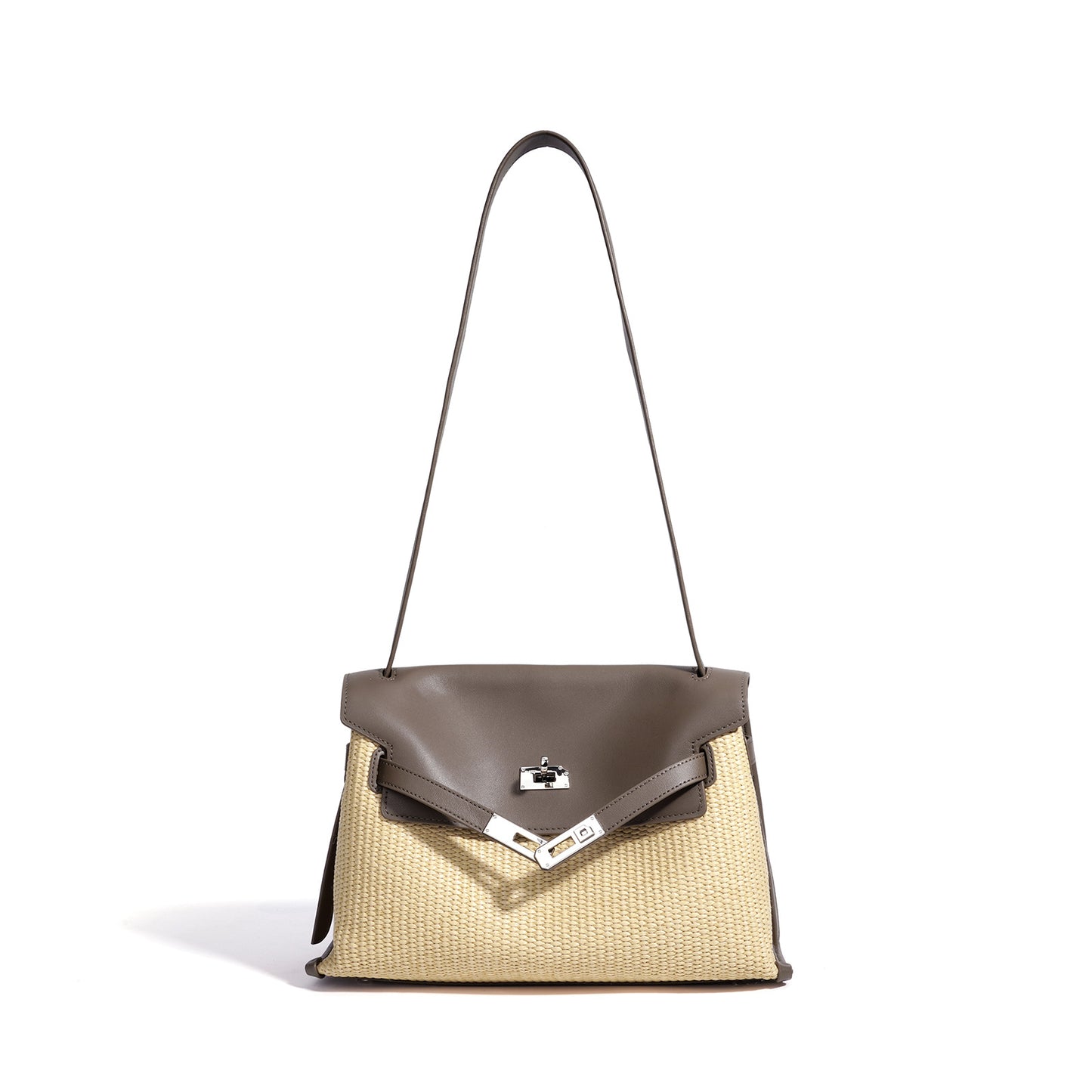 Straw Woven Kelly-Style Briefcase in Genuine Leather, Minimalist Large Capacity Shoulder Crossbody Bag, Versatile Commute Purse for Women