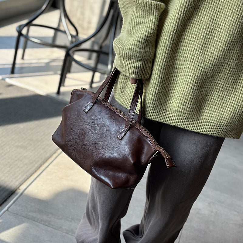 Genuine Top Layer Cowhide Dumpling Bag for Women, Exquisite Shoulder Crossbody Purse, Vegetable-Tanned Pleated Top Handle Handbag, Chic Everyday Bag for Ladies