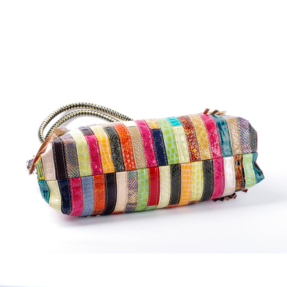 Snakeskin Patent Stripe Color Block Tote Bag with Tassel, Genuine Leather Shoulder Crossbody Purse, Fashionable Handbag for Women