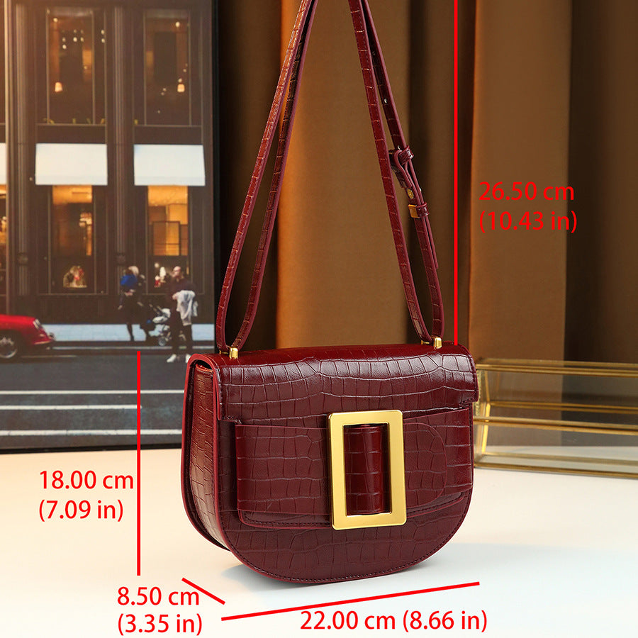 Chic Vintage Croc-Effect Saddle Bag for Women, A Light Luxury Square Buckle Embossed Shoulder Crossbody Handbag with Textured Premium Design
