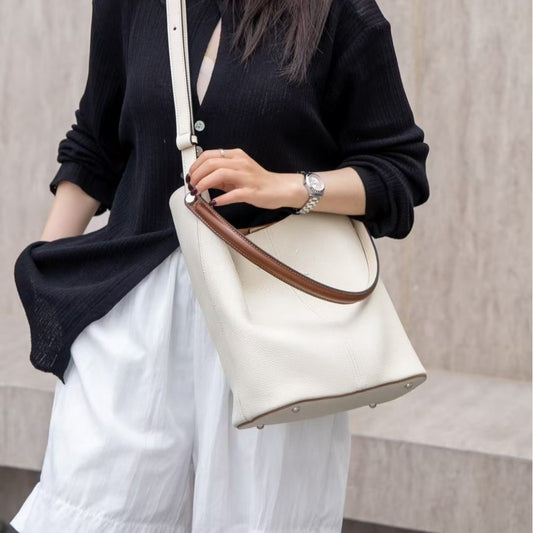 Genuine Top Layer Cowhide Hobo Bucket Bag for Women, Large Capacity Top Handle Shoulder Tote, Premium Leather Handbag for Ladies