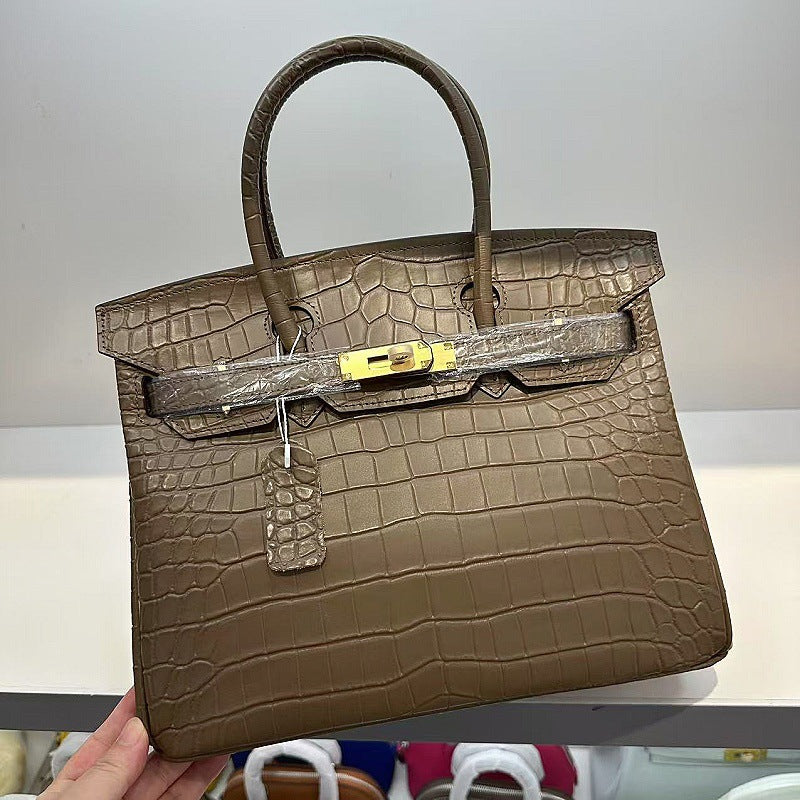 Genuine Top Layer Cowhide Matte Crocodile-Embossed Birkin-Style Bag for Women, Premium Top Handle Shoulder Crossbody Purse, Luxury Handbag for Ladies