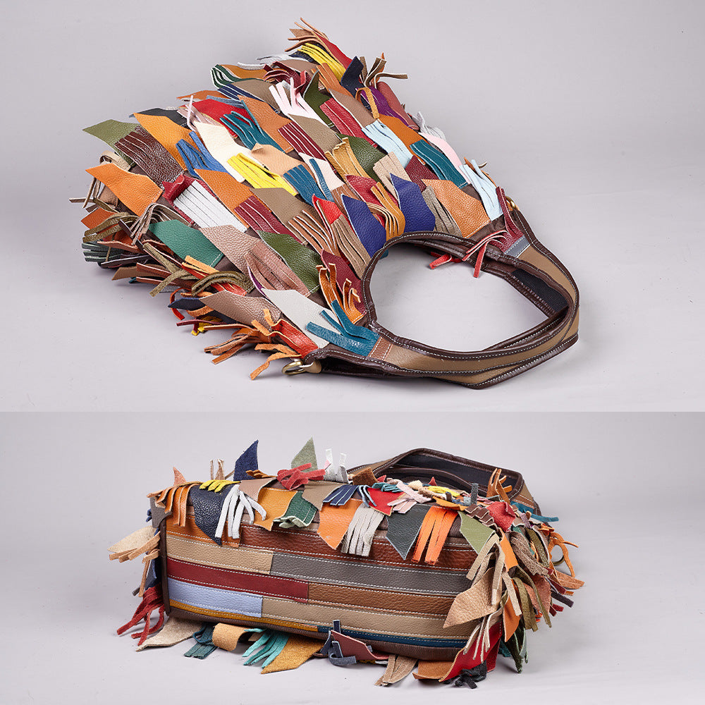 Premium Top-Layer Cowhide Leather Forest-Style Bag for Women | Colorful Tassel Color-Block Shoulder Cross-Body Handbag with Unique Artistic Flair | Trendy Bohemian Purse for Everyday Chic, Travel & Casual Outings | Statement Accessory with Vibrant Fr