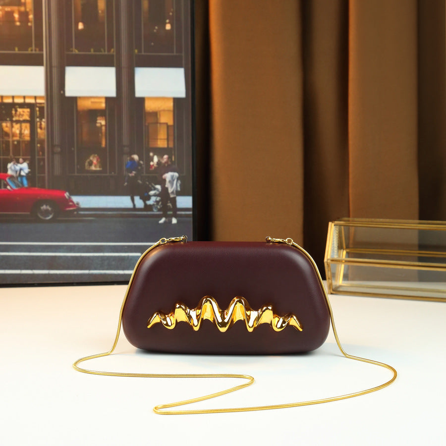 Wave Wristlet Clutch Bag for Women Evening Chain Crossbody Shoulder Purse with Metal Frame Clasp and Sculptural Wave Accent