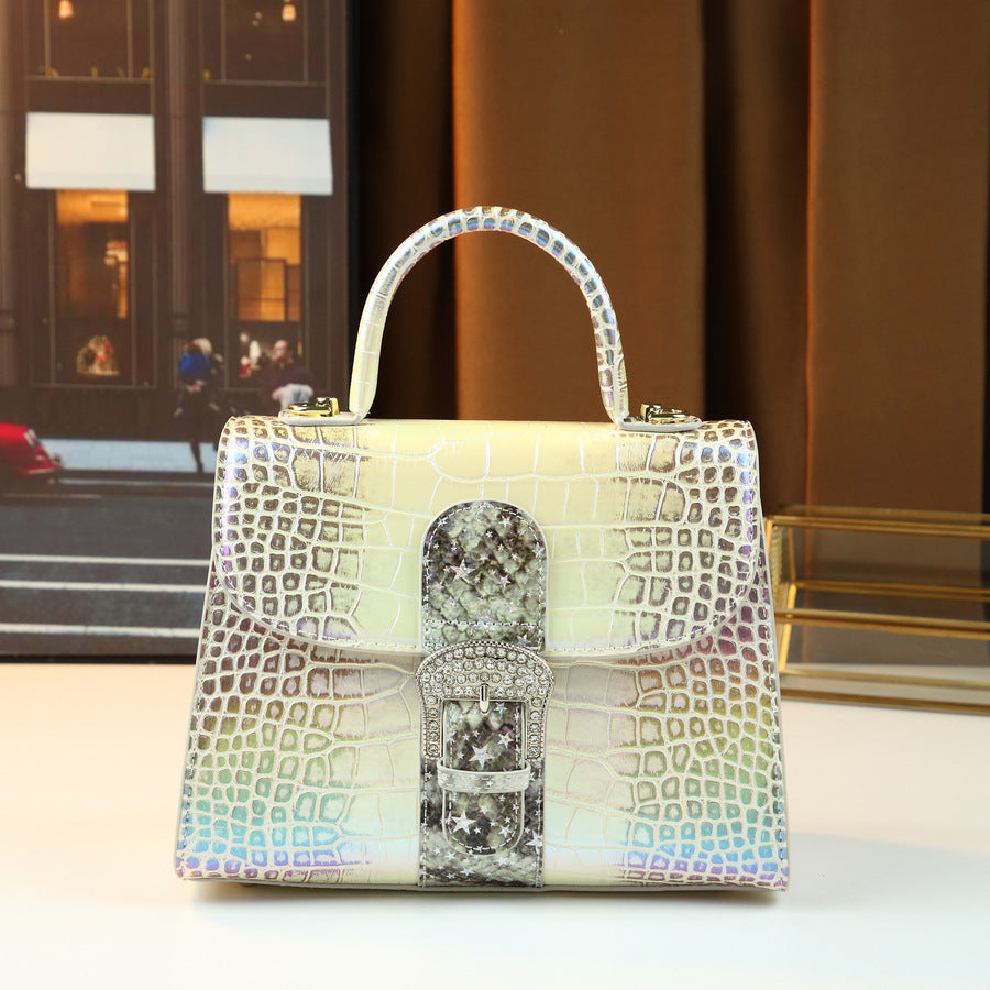 Chic Iridescent Croc-Effect Small Square Bag for Women, A Fashionable Top-Handle Evening Shoulder Crossbody Handbag with Eye-Catching Shimmering Design, Versatile Party Purse