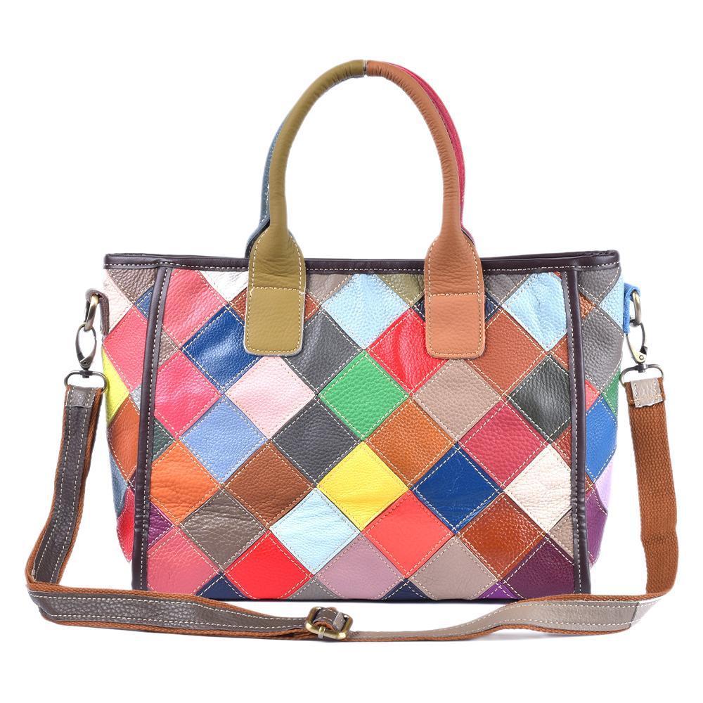 Genuine Cowhide Plaid Color Block Patchwork Handbag for Women, Handmade Top Handle Shoulder Crossbody Purse, Designer Leather Bag for Ladies