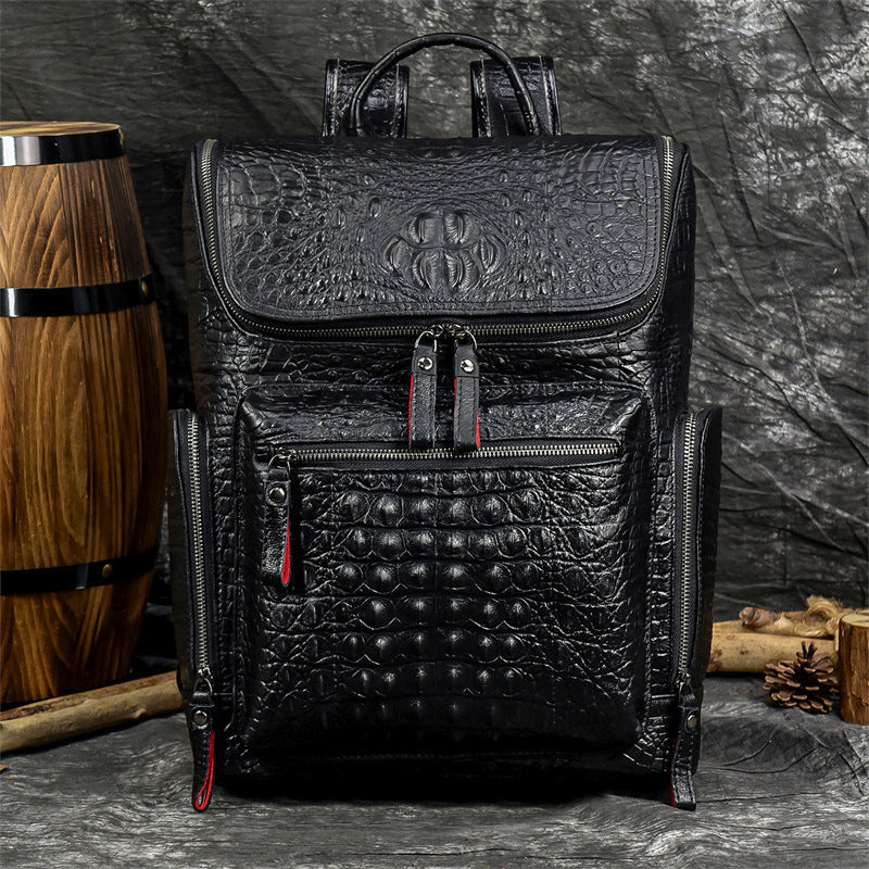Genuine Cowhide Crocodile-Embossed Backpack for Men, Fashionable Creative Student School Travel Daypack, Durable Leather Laptop Computer Bag for Gentlemen