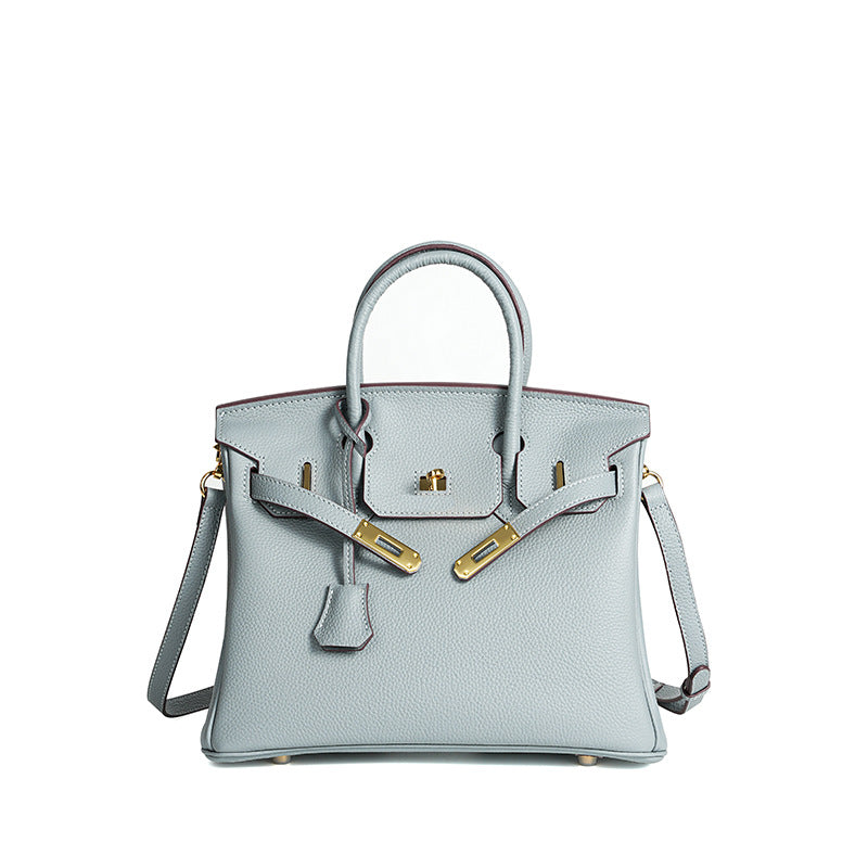 Handcrafted Waxed Thread Birkin-Inspired Tote Bag for Women, Top-Layer Pebbled Cowhide Leather with Elegant Turn-Lock Closure, Premium Everyday Handbag
