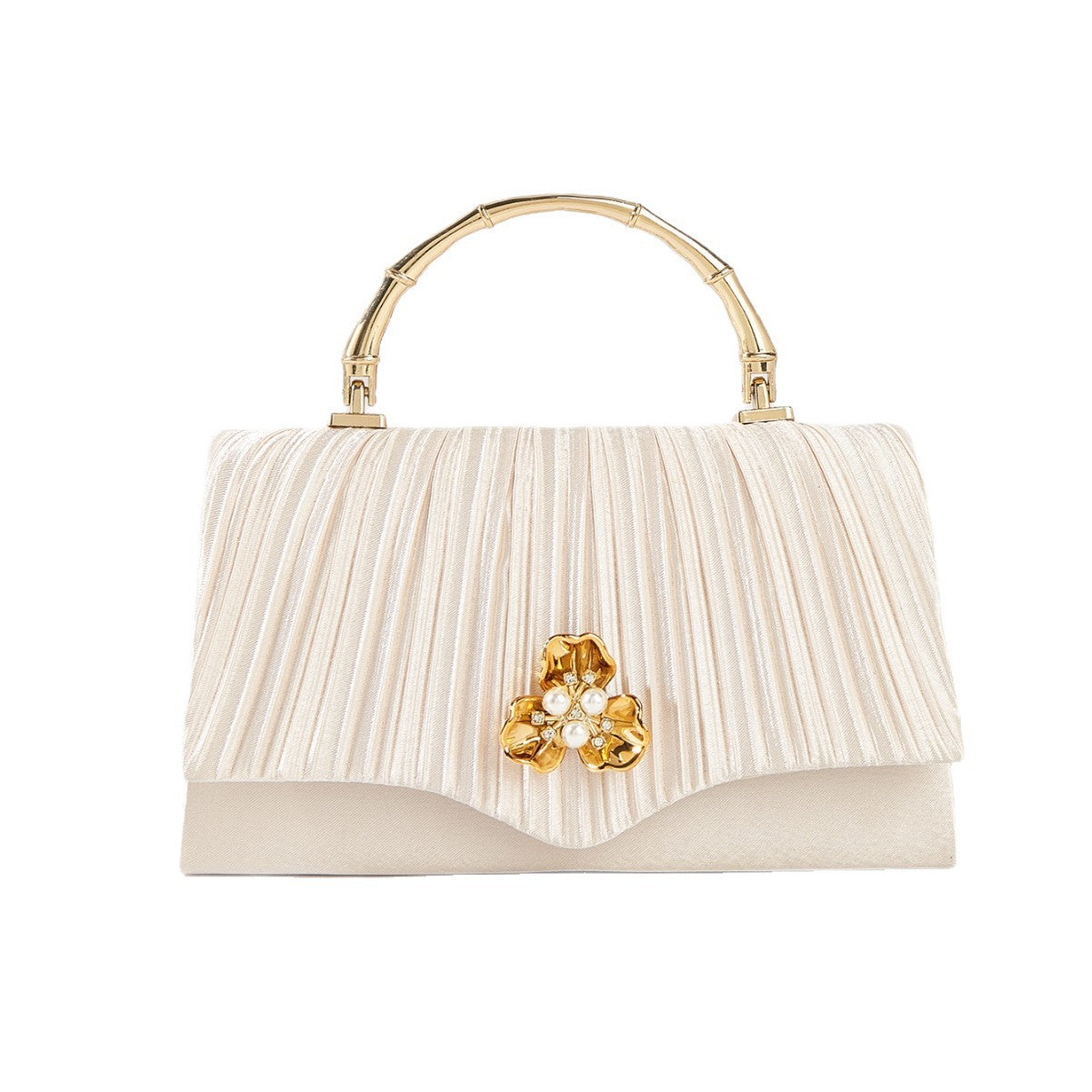 Pearl Floral Chain Evening Clutch for Women, New Pleated Chanel-Style Top Handle Crossbody Purse, Premium Formal Handbag for Ladies
