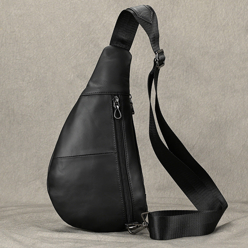 Creative Fashion Black Chest Bag in Top Layer Cowhide, Crossbody Shoulder Pouch, Outdoor Casual Bag for Men