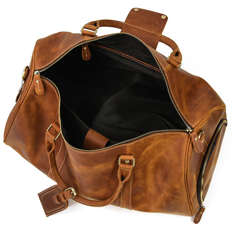 Vintage Crazy Horse Leather Large Capacity Travel Duffle with Shoe Compartment, Top Handle Gym Bag, Premium Cowhide Weekender for Men