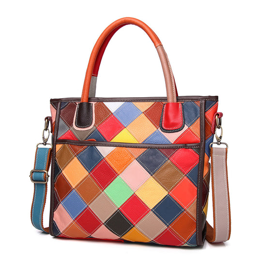 Genuine Top Layer Cowhide Colorful Plaid Patchwork Handbag for Women, New Handmade Color Block Top Handle Shoulder Purse, Trendy Everyday Bag for Ladies