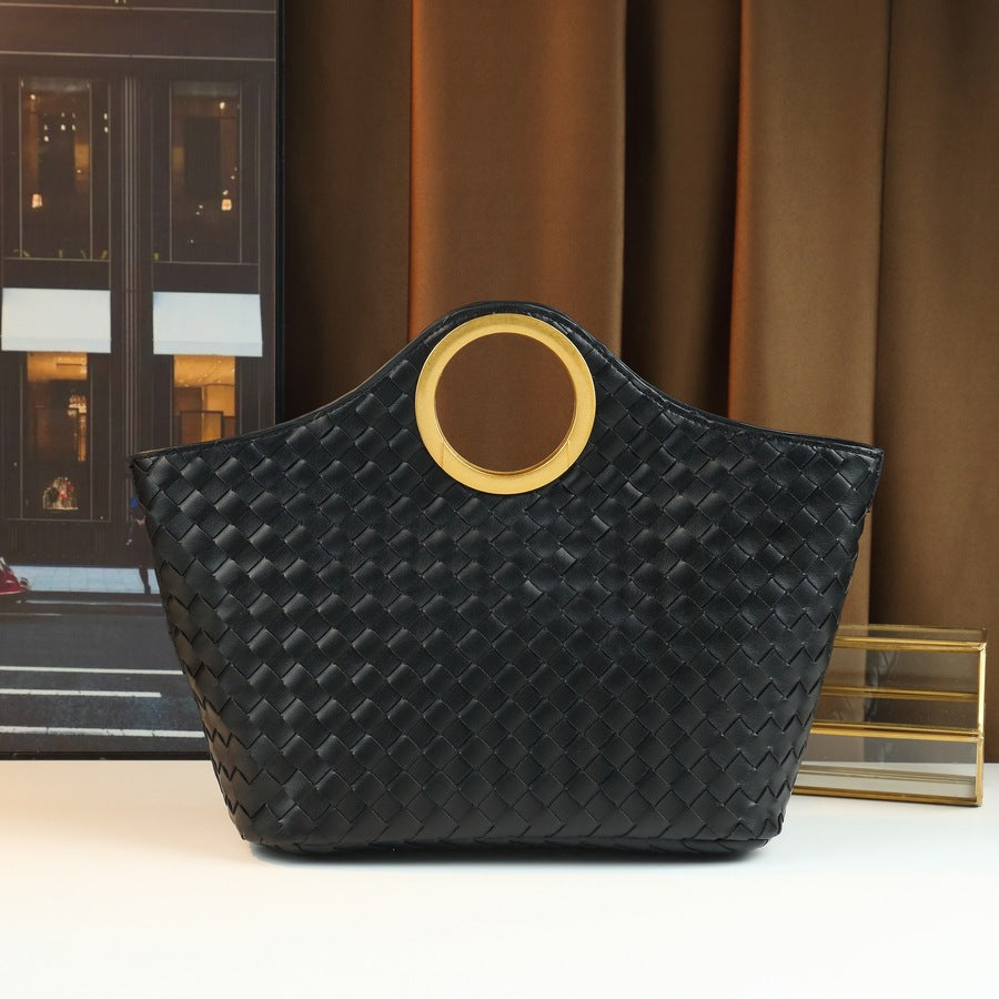 Handwoven Genuine Leather Basket Tote Bag for Women with Ring Handle, Large Capacity Shoulder Shopping Handbag with Artisan Craftsmanship