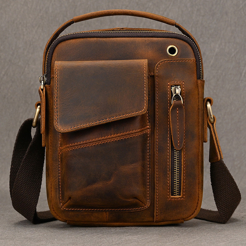 Crazy Horse Leather Small Phone Crossbody Bag, Earphone Hole Shoulder Pouch, Compact Square Travel Bag for Men