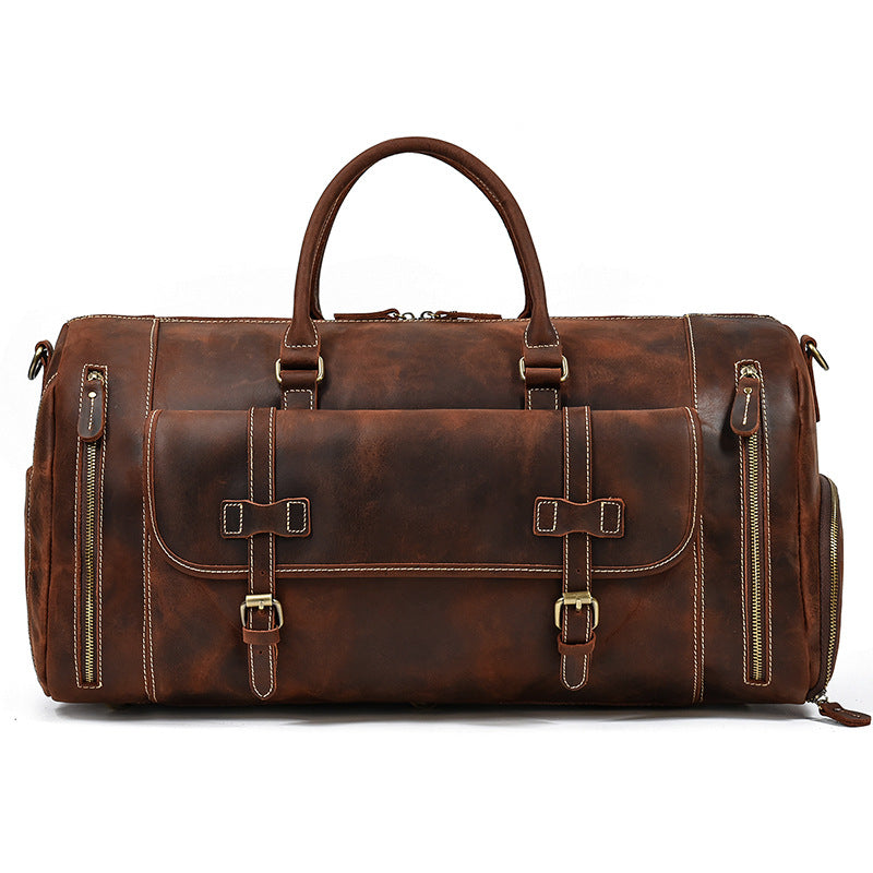 Large Capacity Crazy Horse Leather Travel Duffle with Shoe Compartment, Top Handle Shoulder Crossbody Luggage Bag for Men