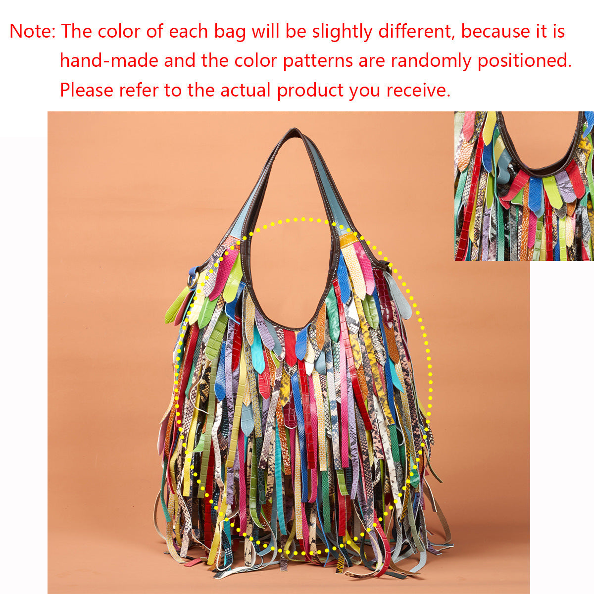 Genuine Leather Colorful Tassel Hobo Bag for Women, New Arrival Large Capacity Shoulder Crossbody Purse, Unique Designer Handbag for Ladies