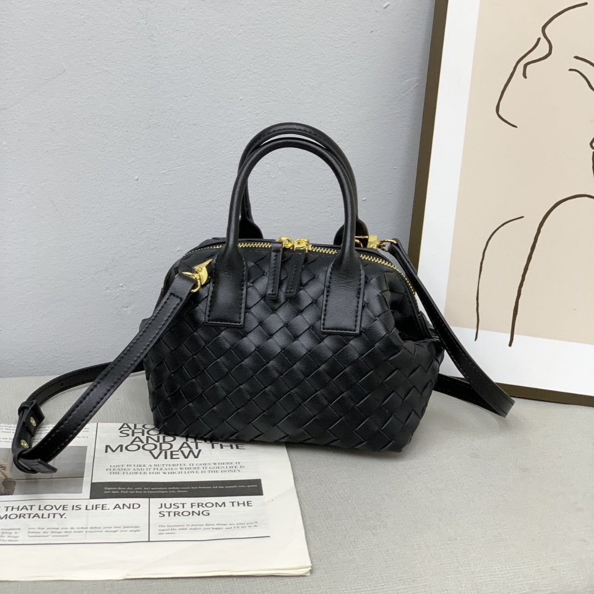 Genuine Leather Woven Boston Bag for Women, New Casual Shoulder Crossbody Top Handle Purse, Trendy Bowling Handbag for Ladies